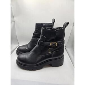 Steve Madden Womens 7 Coletta Black Leather Boots Lug Sole Chunky Gold Buckle